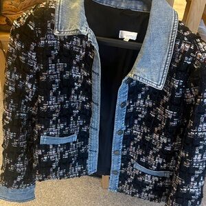 Ecru Jacket with Denim Collar and Tweed Texture